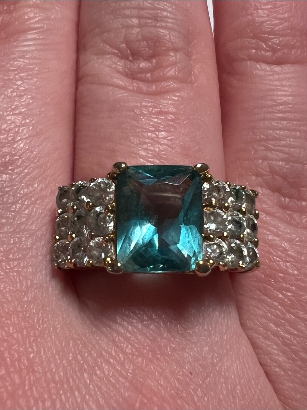 Gold Over Sterling Silver Size 6 Blue Topaz Emerald-Cut Stone Cluster Prong Set